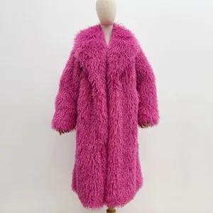 Élégant manteau en fausse fourrure rose fuchsia avec col tailleur pour femme mode d'hiver
