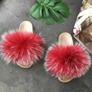 Women Fashion Fur Slippers Summer Flat Slide Sandals PVC Sole Raccoon Fox Fur Slip-On Casual Indoor Outdoor Footwear