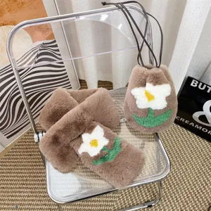 Soft brown faux fur scarf and drawstring phone bag set with white floral embroidery detail
