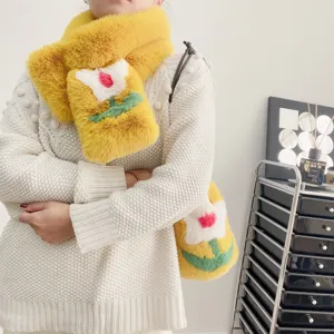 Cozy yellow faux fur scarf and matching handbag set with cute cherry blossom design.