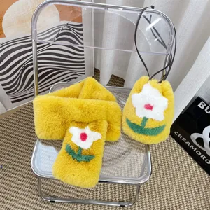 Yellow faux fur drawstring handbag and matching scarf set with white cherry blossom design