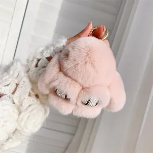 Breloque de Sac en Fourrure de Lapin Rex Mignon Lapin Strass Porte-Clés Pendentif Animal en Peluche Décoration de Sac