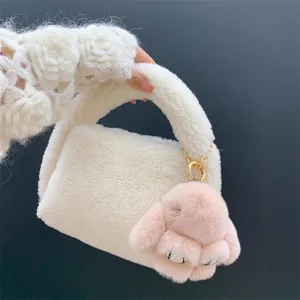 Sac à main en peluche blanc avec porte-clés lapin en fourrure de lapin rex et strass