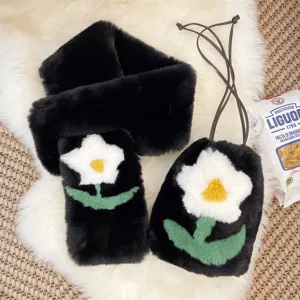 High-quality matching black faux fur scarf and drawstring bag set with plush flower detail