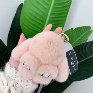 Mignon porte-clés lapin en fourrure de lapin rex rose avec strass et longues oreilles
