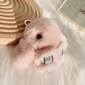 Porte-clés lapin en fourrure de lapin rex avec strass étincelants et anneau doré