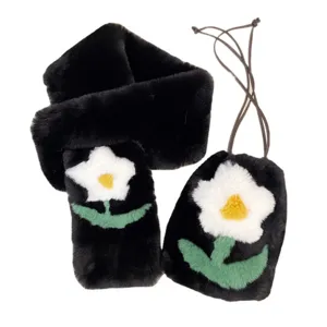 Cute black faux fur scarf and drawstring phone bag set with white flower embroidery