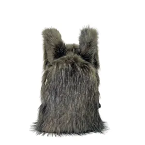 Detailed view of Y2K style faux raccoon fur backpack with fluffy texture