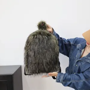 Large faux raccoon fur backpack in Y2K style with thick fluffy texture