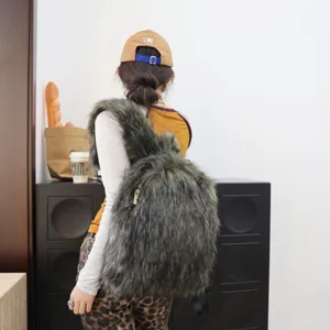 Detail shot of a stylish dark green faux raccoon fur backpack worn in a Y2K lifestyle setting