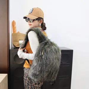 Faux raccoon fur backpack, Y2K fashion plush rucksack for women, lifestyle view