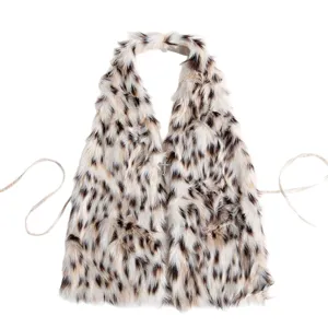 Sexy halter neck leopard print faux fur vest with decorative silver cross pendant