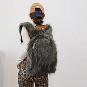 Detailed back view of a large Y2K style faux raccoon fur backpack in moss green color