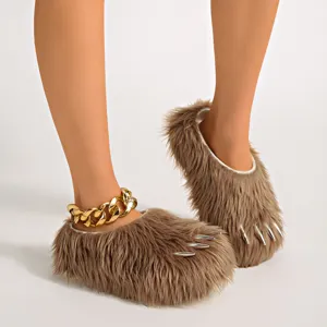 Faux fur animal claw slippers with silver metallic toe detail