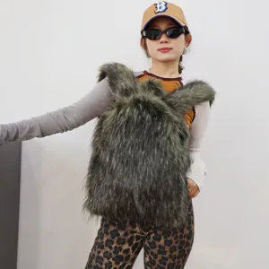 Fashionable Y2K unisex oversized faux raccoon fur backpack in olive green finish