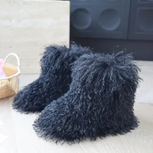 Bottes de neige noires élégantes en fausse fourrure de mouton pour enfants texture chaude