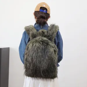 Back view of the oversized faux raccoon fur backpack in a trendy Y2K fashion style