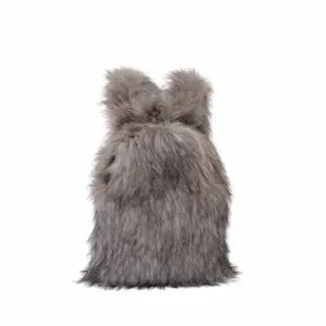 Detailed view of fashionable grey faux raccoon fur Y2K backpack featuring cute ear design