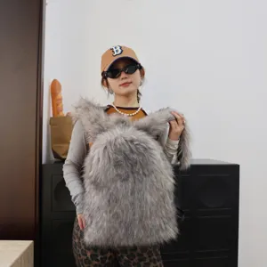 Trendy Y2K style grey faux raccoon fur backpack for men and women in lifestyle setting.