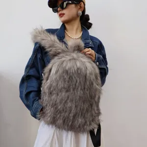 Close-up of fluffy faux raccoon fur backpack showing premium texture and Y2K style