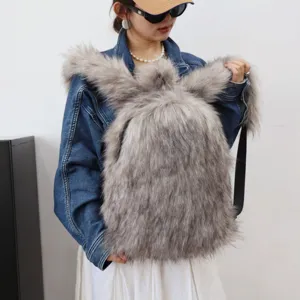 Close-up detail of large Y2K faux raccoon fur backpack worn by model showing texture