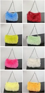 Eight colorful faux fur baguette bags with silver chain straps displayed in a grid