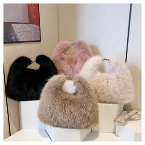 Women Faux Fox Fur Tote Bag Winter Plush Handbag Soft Fluffy Crossbody Bag Casual Large Capacity Shopper Bag