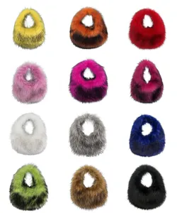 Collection of colorful plush faux fur hobo bags in various vibrant shades and gradient patterns