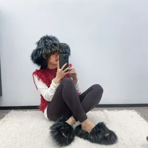 Stylish faux raccoon fur hat and slipper set in punk style for trendy winter wear