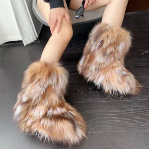 Damen Y2K Mode Kunstfuchs Fell Schneestiefel Dicke Sohle Warme Winter Wadenhohe Stiefel Gal Stil Casual Schuhe