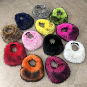 Collection of colorful faux raccoon fur vest-style handbags in trendy Y2K style for women