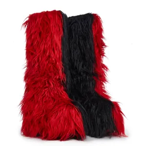Macro detail of high-top shaggy red and black faux fur boots with long fluffy texture