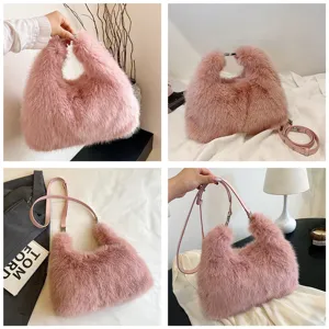 Detailed views of the texture and adjustable strap of this pink faux fur handbag