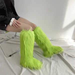 Close-up of vibrant neon green faux fur knee-high boots on a seated model