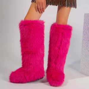 Vibrant pink faux fur boots with high-top knee design, perfect for Y2K winter style
