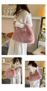 Detailed shots of a pink faux fox fur tote bag showing soft texture and winter style