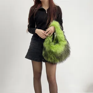 Chic woman holding lime green and black faux fur handbag in Y2K aesthetic style