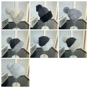 Multiple color options for winter mink fur knitted hats with fox fur pom-poms