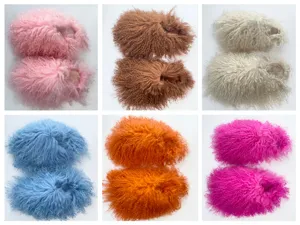 Mongolian lamb fur slides in multi-color options featuring a fluffy curly texture