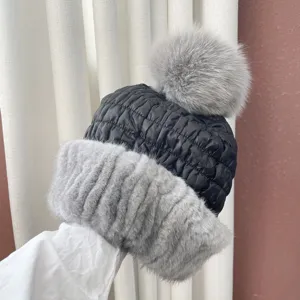 Winter Warm Mink Fur Knitted Down Cotton Hat With Big Fox Fur Ball Cute Ear Protection Thickened Women Plush Hat