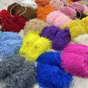 Large collection of colorful Mongolian fur slides in vibrant shades of pink blue and yellow