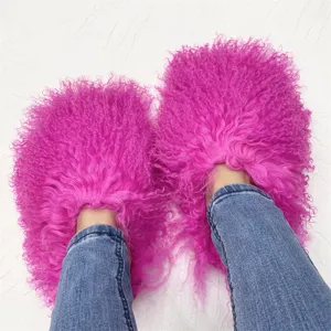 Women Mongolian Fur Slides Winter Warm Shearling Slippers Casual Indoor Outdoor Fluffy Faux Fur Flat Shoes