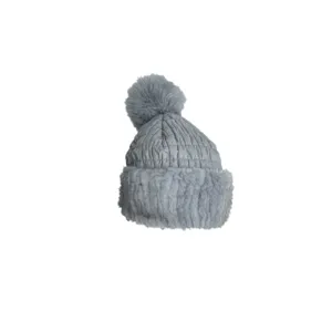 Winter warm quilted down cotton hat with grey fox fur pom pom and soft plush trim