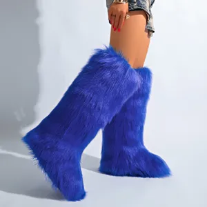Bottes de neige bleues en fausse fourrure de renard au genou pour l'hiver élégant