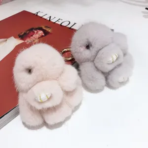 Soft 8cm mink fur bunny keychain plush pendant in pink and grey