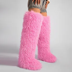 Llamativas botas de nieve por encima de la rodilla de pelo sintético rosa para carnaval