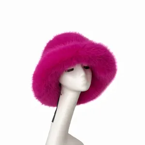 Chapeau cloche chic en fausse fourrure rose vif pour femme avec large bord moelleux