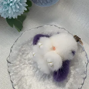 Handmade 8cm mink fur rabbit charm keychain featuring white and purple plush design