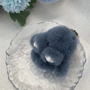 Elegant 8cm greyish-blue mink fur rabbit keychain charm with soft fluffy texture for bags