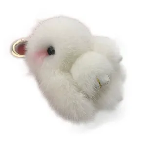 Fluffy 8cm white faux mink fur rabbit keychain ornament with a durable golden metal ring.